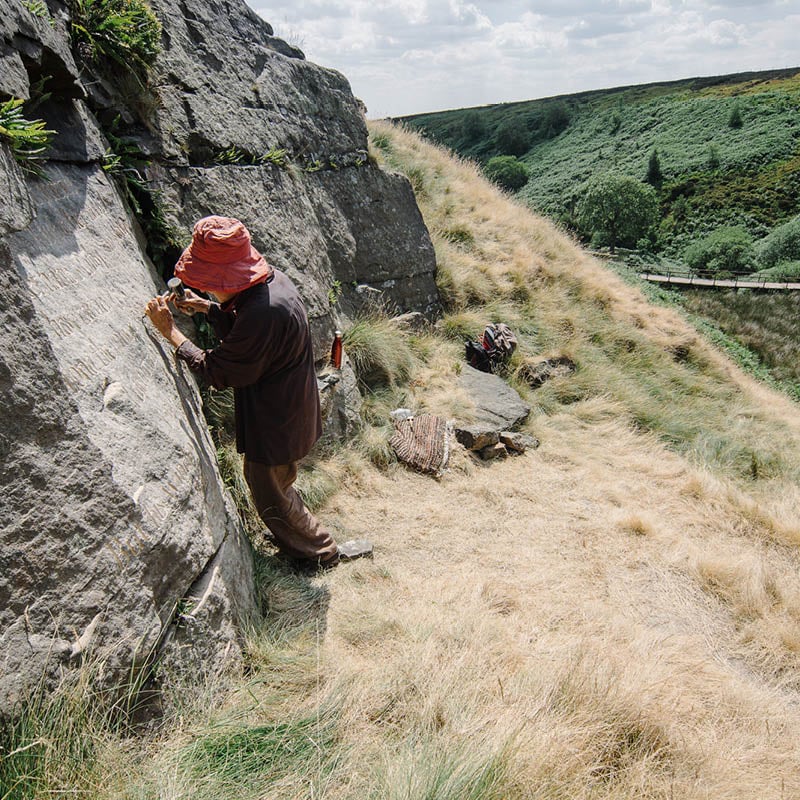 Brontë Stones project: engraving of Emily Stone in the Yorkshire landscape