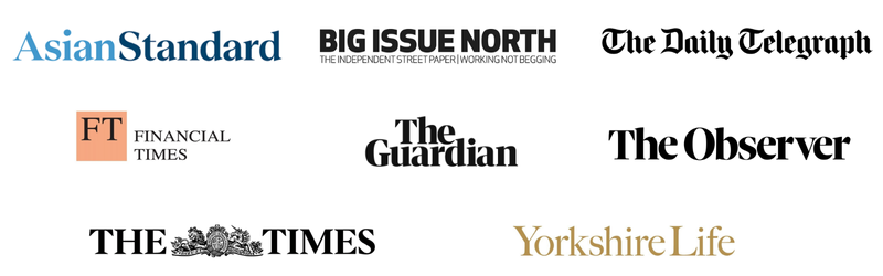 Logos for Asian Standard, Big Issue North, The Daily Telegraph, Financial Times, The Guardian, The Observer, The Times, and Yorkshire Life.