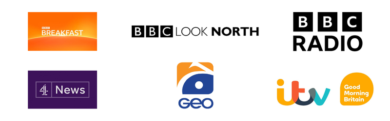 Logos for BBC Breakfast, BBC Look North, BBC Radio, Channel 4 News, Geo News, and ITV Good Morning Britain.