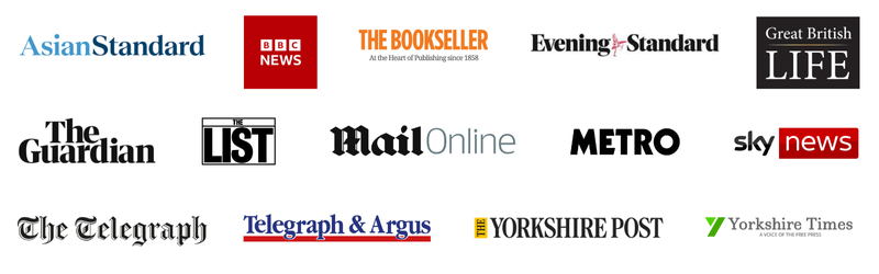 Logos for Asian Standard, BBC News, The Bookseller, Evening Standard, Great British Life, The Guardian, The List, Mail Online, Metro, Sky News, The Telegraph, Telegraph & Argus, The Yorkshire Post, and Yorkshire Times.
