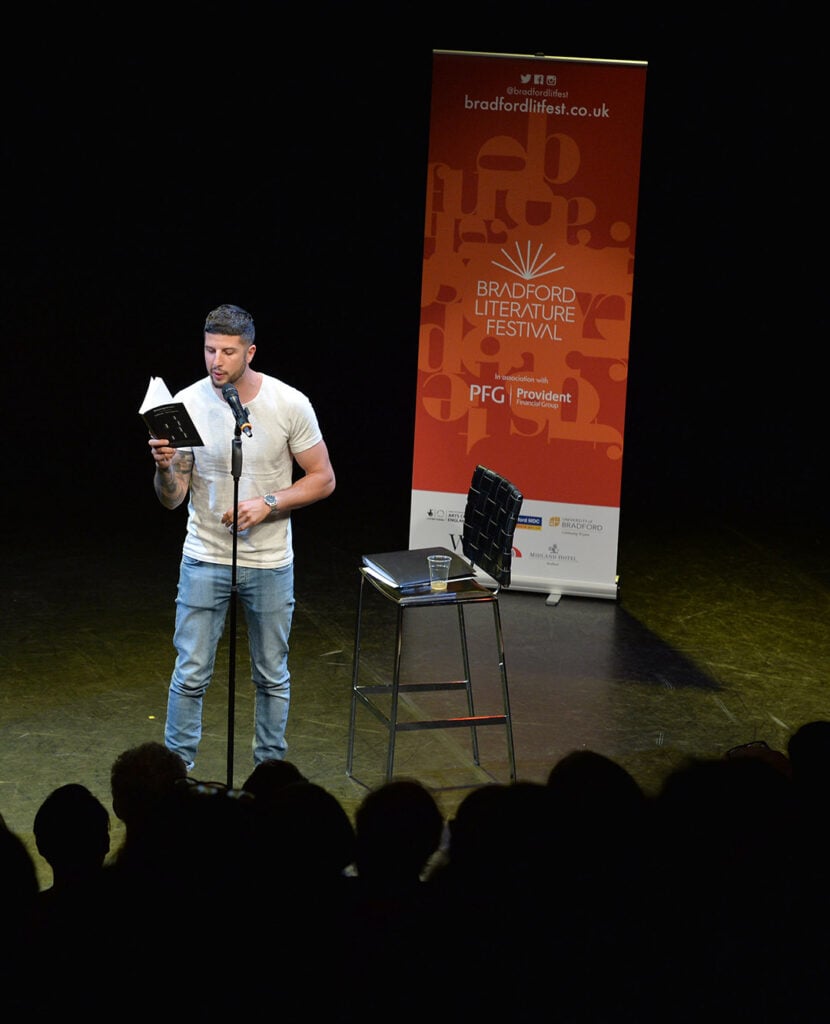 Anthony Anaxagorou performing at the 2017 Bradford Literature Festival.